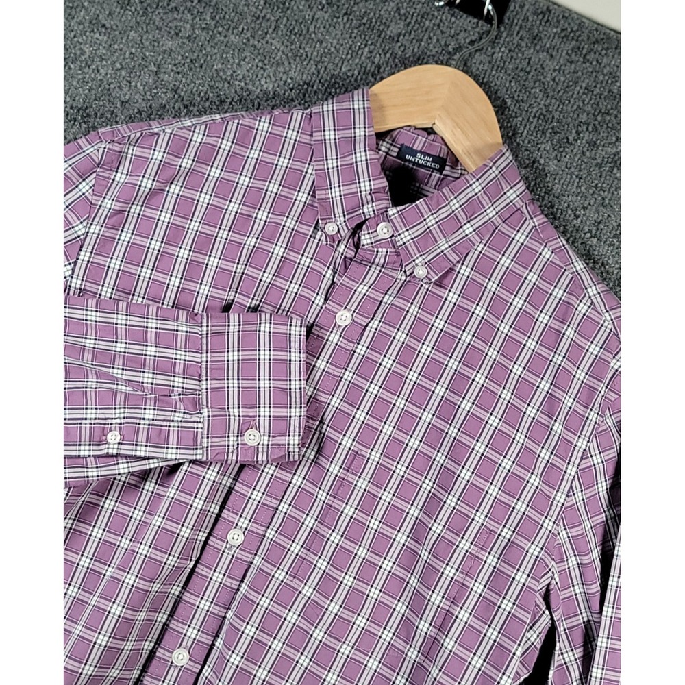J Crew Shirt Mens Medium Purple Button Down Shirt Plaid Flex Washed Slim Untuck